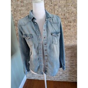 Light Chambray Blue Denim Button Down Shirt Women Western Cowgirl Slim Aughts